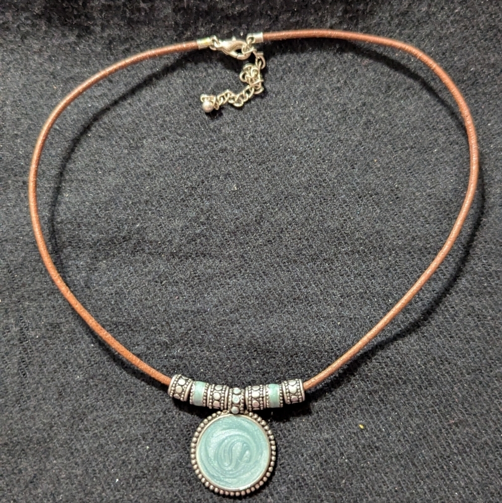 Kenneth Cole Silver Tone Blue Enamel Brown Cord Pendant Statement Necklace